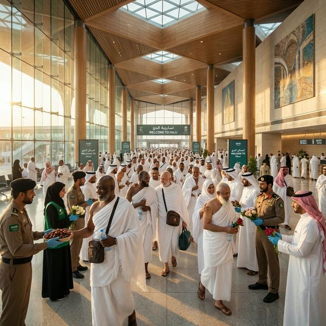 Hajj pilgrims in Ihram arriving at a modern Saudi airport terminal in 2026
