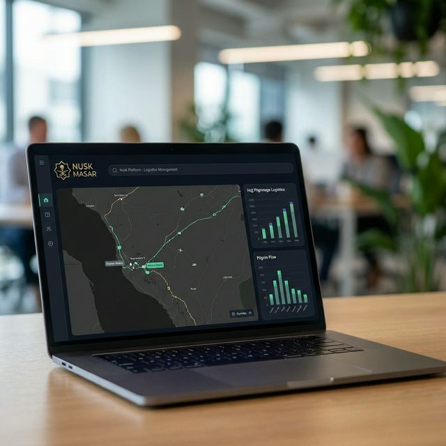 Modern digital interface of Nusk Masar platform for Hajj 2026 logistics