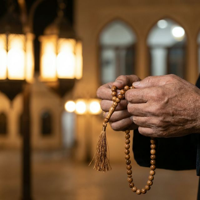 Spiritual moment: Hands holding Tasbih prayer beads