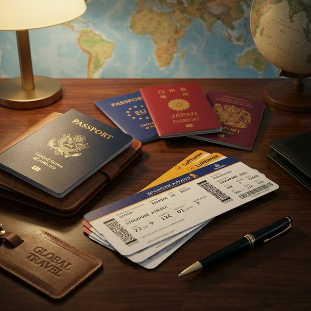 International passports and travel documents on a desk - Professional Visa Services by Alsharq