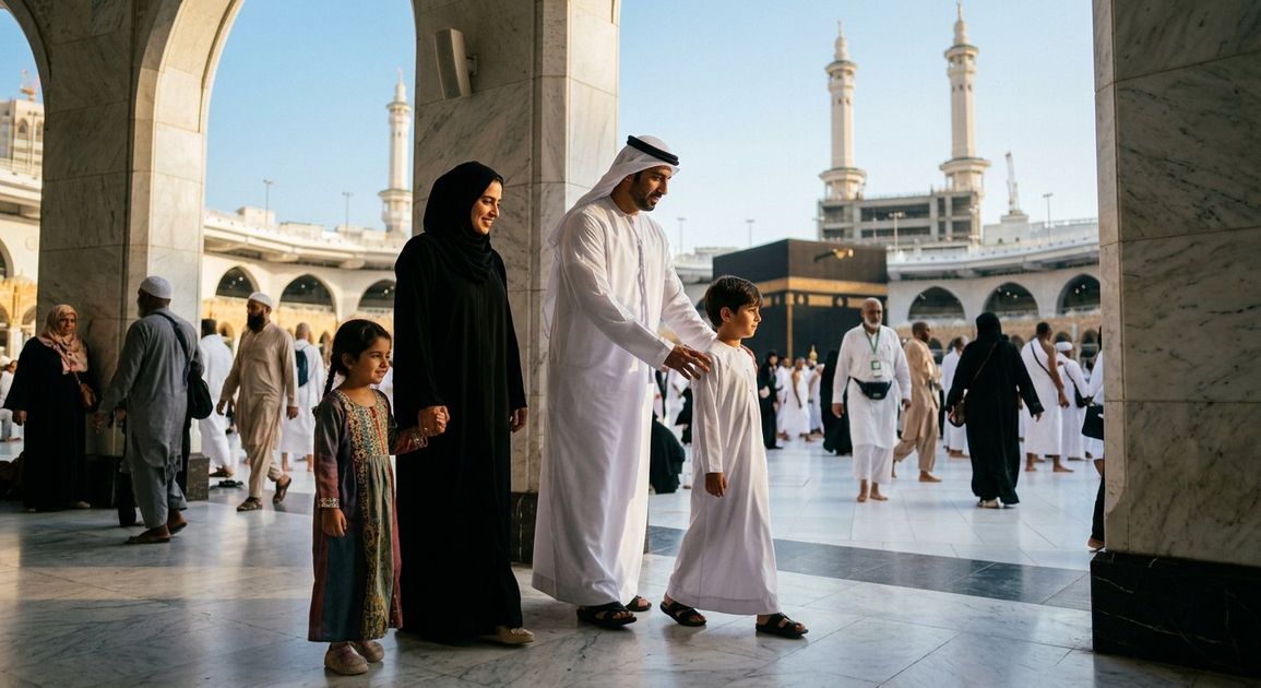 A high quality, photorealistic photograph for a business profile: Best Umrah Packages Dubai & Sharjah: