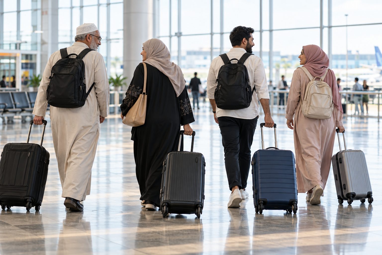 أفراد عائلة بالغون يسافرون مع حقائبهم استعدادًا لرحلة العمرة