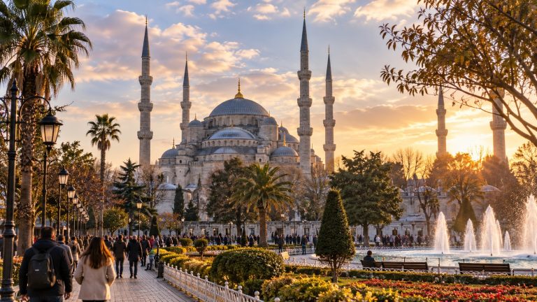 Istanbul Turkey Sultanahmet square from a tourist eye-level garden walkway
