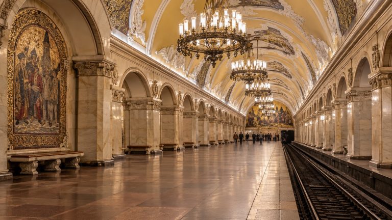 Moscow Russia grand historic metro station from a tourist eye-level platform viewpoint