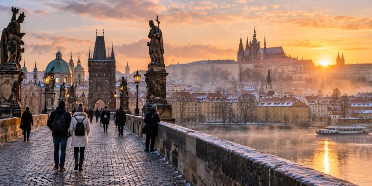 Prague Czechia Charles Bridge from a tourist walking viewpoint on the bridge itself