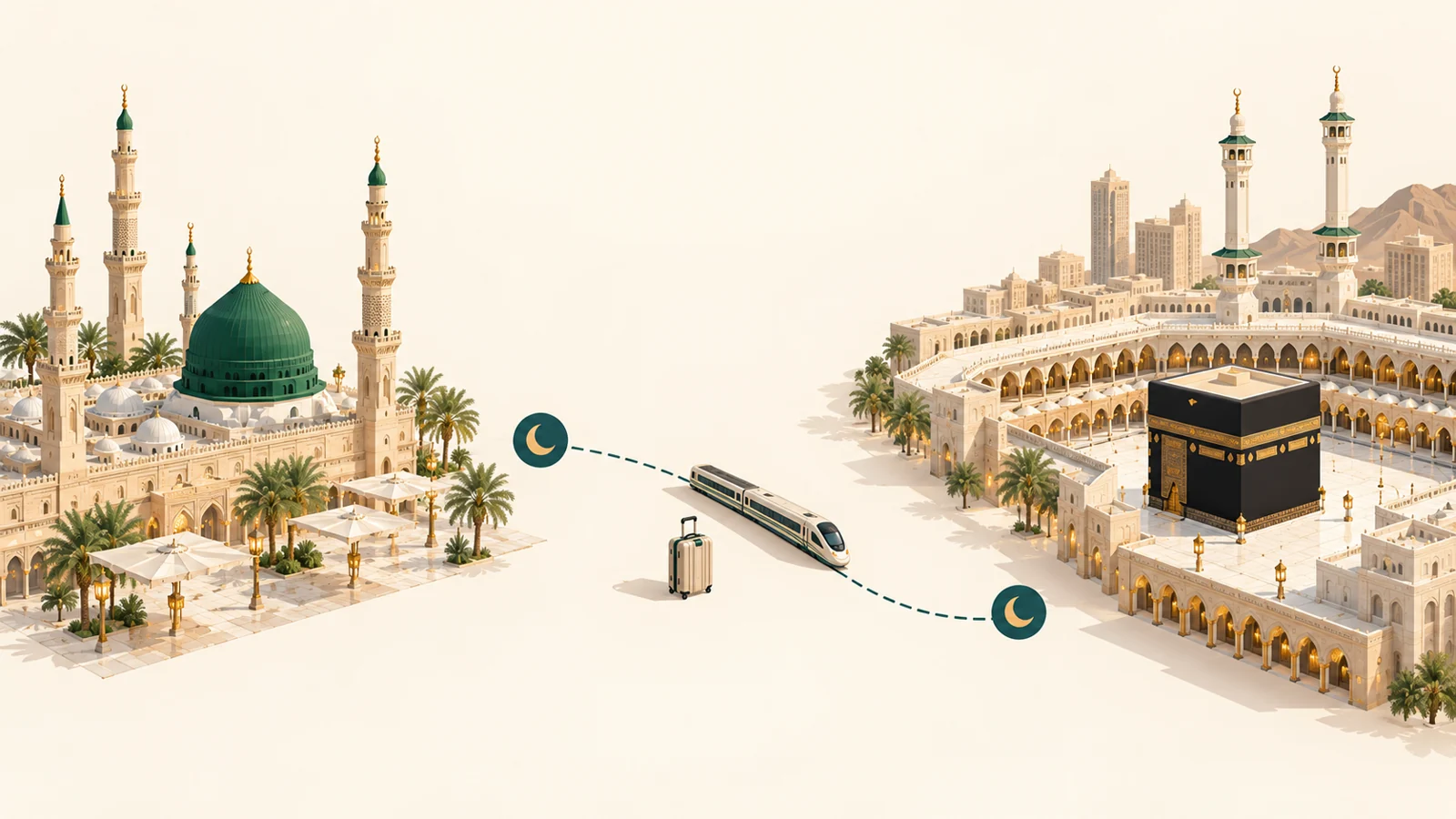 رسم توضيحي لمسار بين مكة والمدينة مع قطار ورموز للمبيت لتخطيط توزيع الليالي